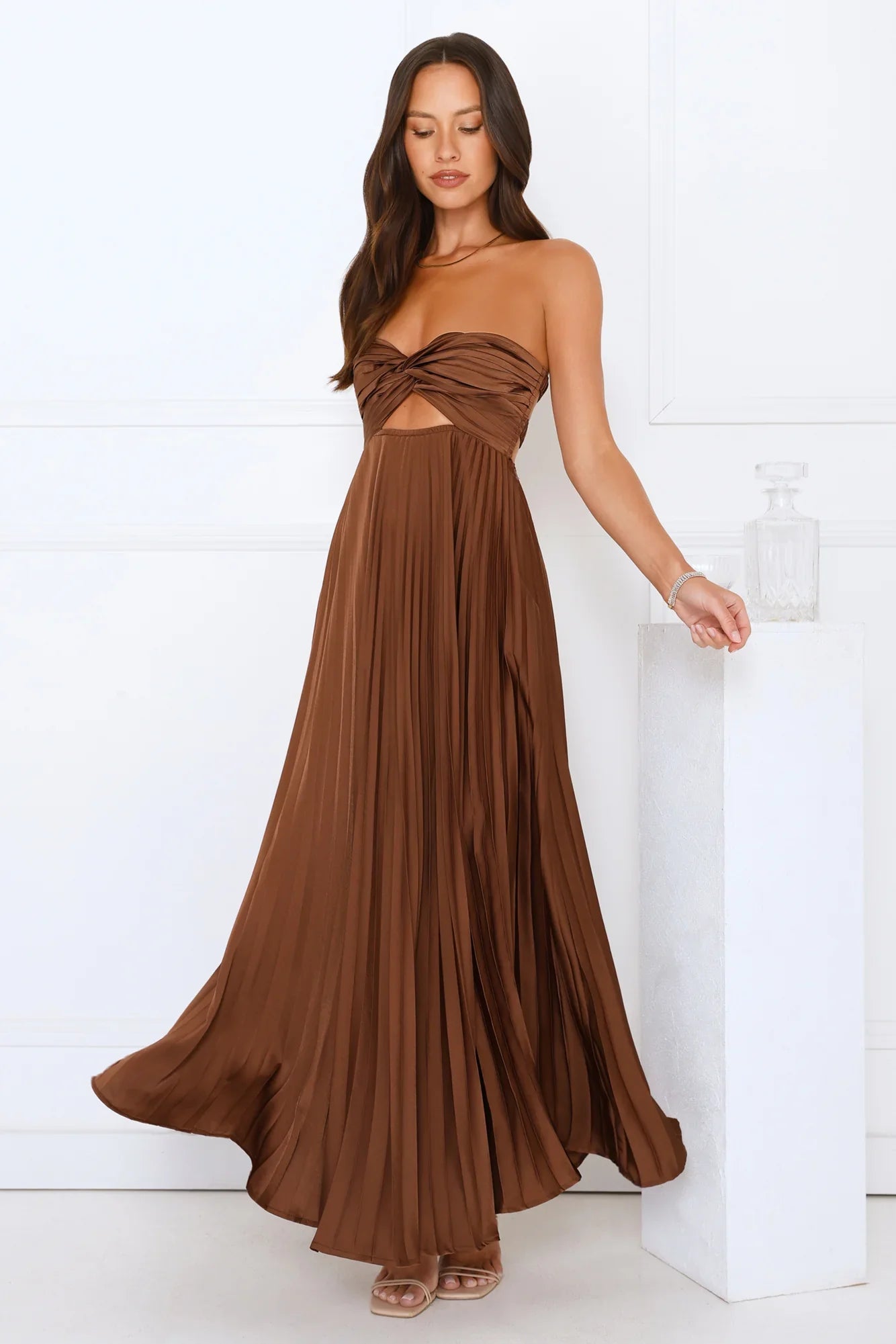 Vibes Are Priceless Strapless Satin Pleated Maxi Dress