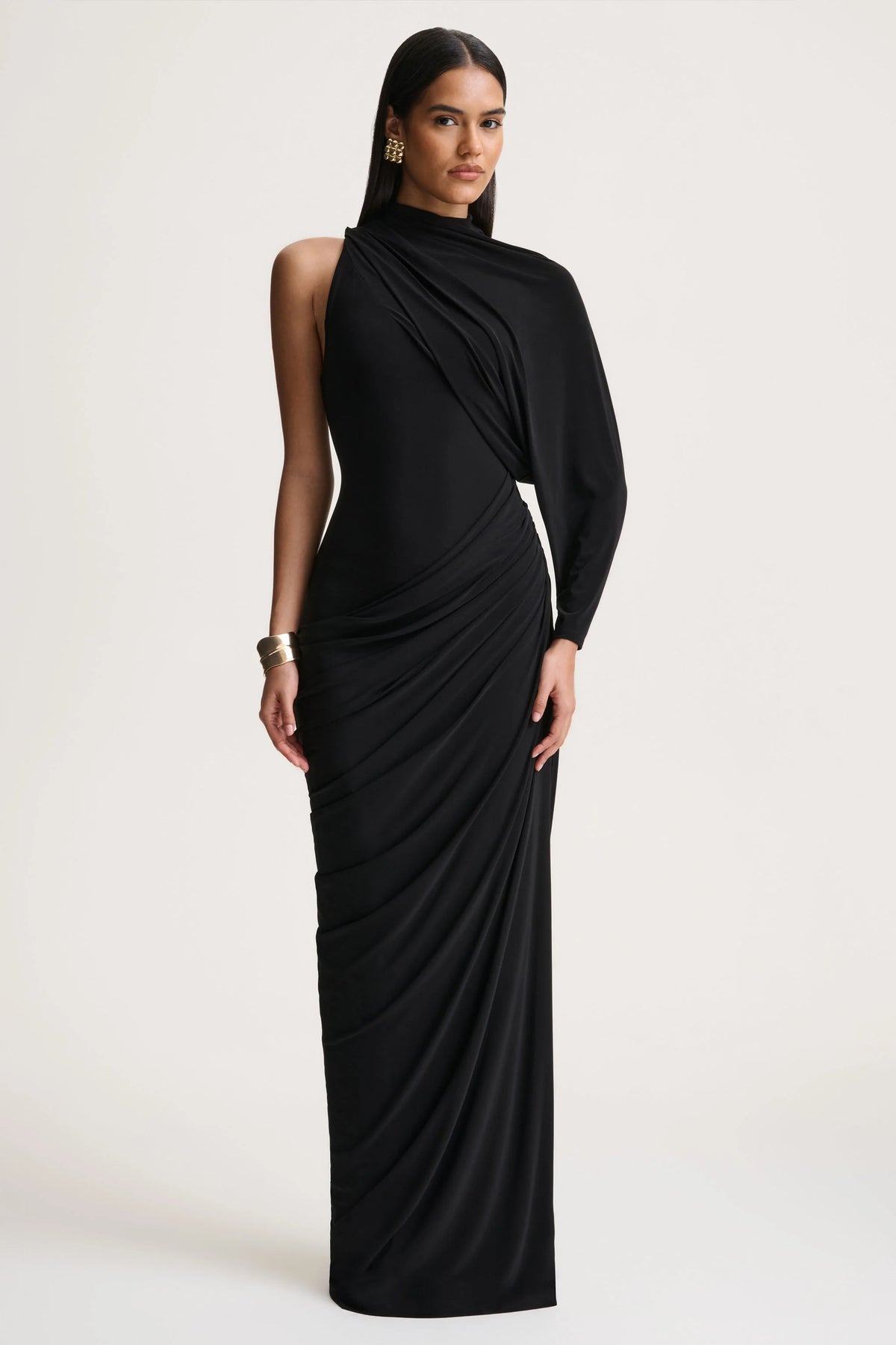 Aphra | Black High-Neck Maxi Dress With Cape-Sleeve