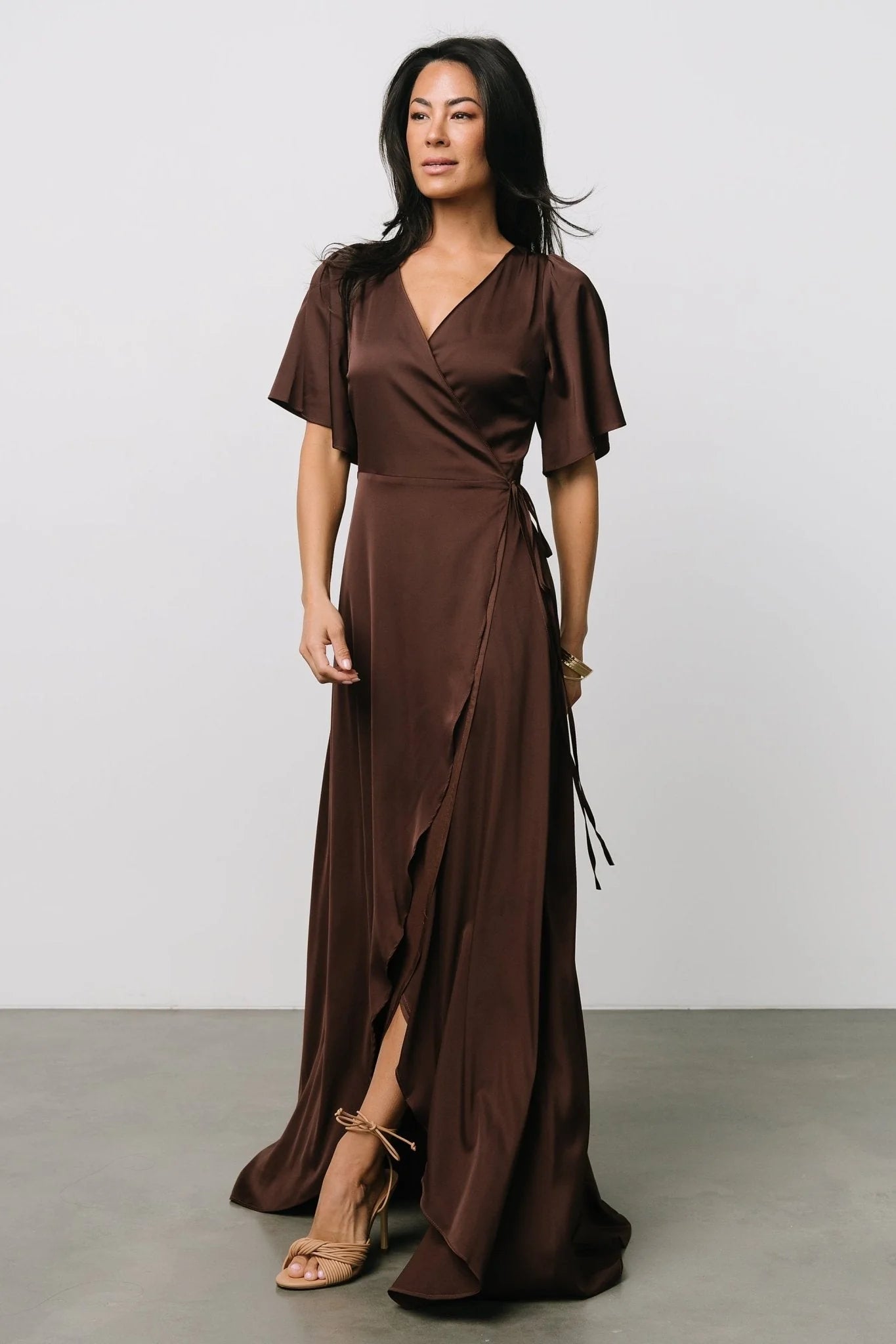 Vara Satin Maxi Wrap Dress | Espresso