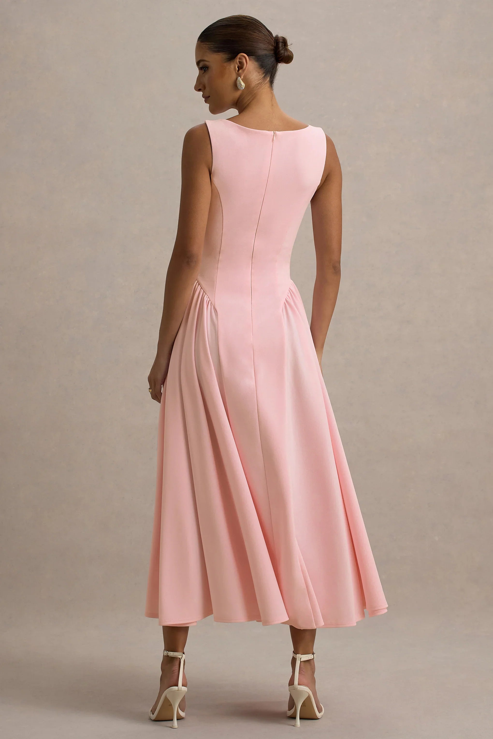 Muriel | Pink Boat-Neck Volume-Hem Midi Dress