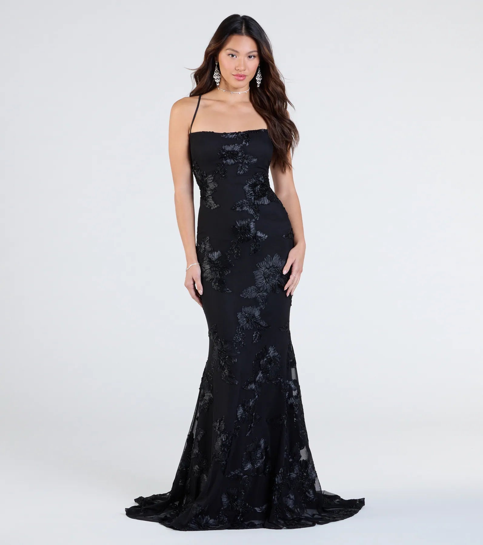 Gabi Lace-Up Floral Trim Mermaid Formal Dress