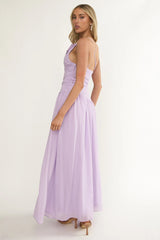 Brighten Drop Waist Flower Accent Maxi Dress Lilac
