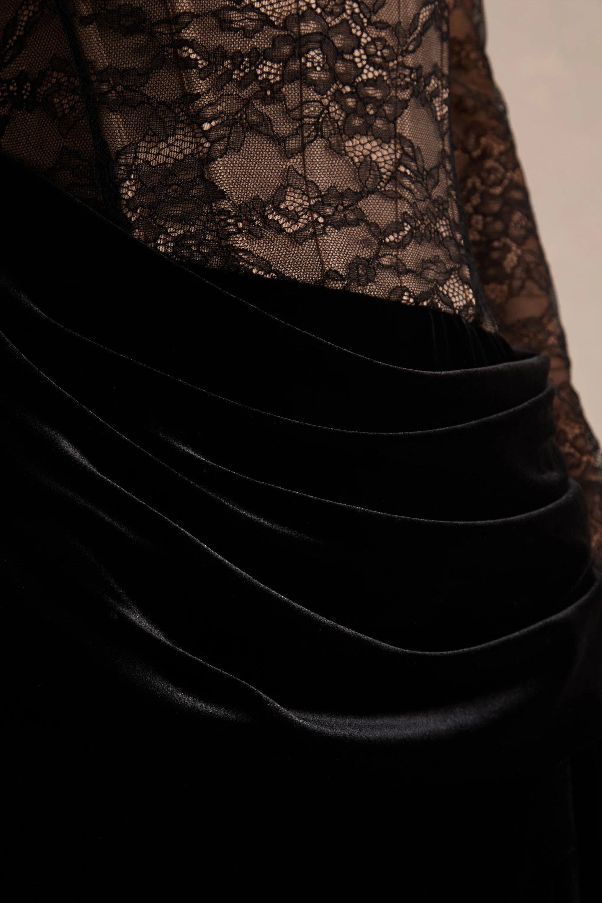 Finesse | Black Lace And Velvet Square-Neck Maxi Dress With Draped Skirt