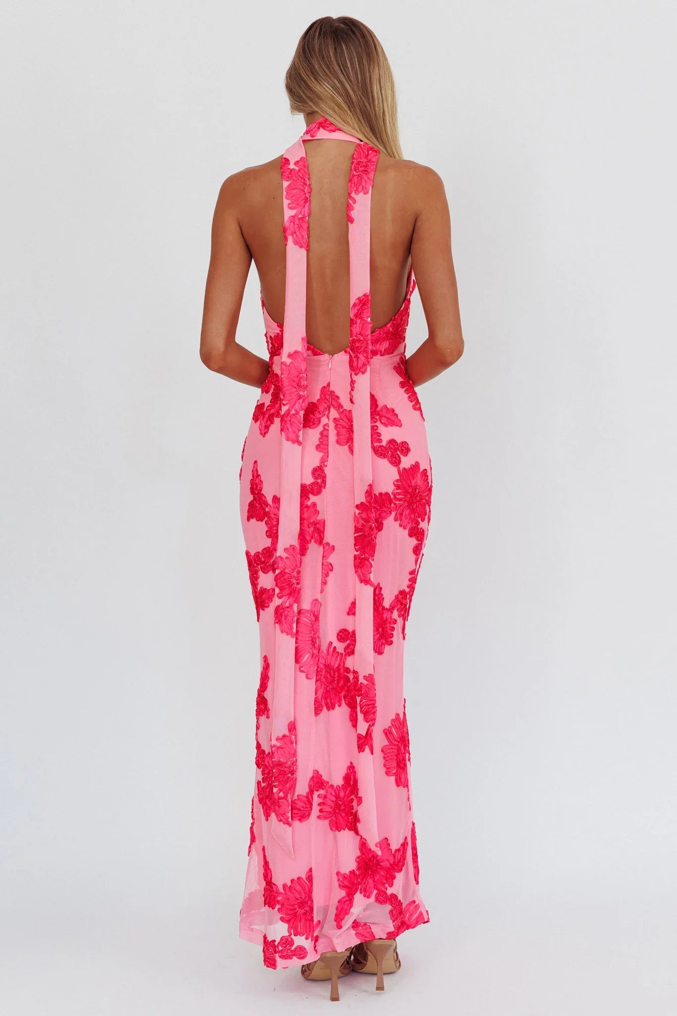 Cipriana Backless Halter Maxi Dress Embellished Pink
