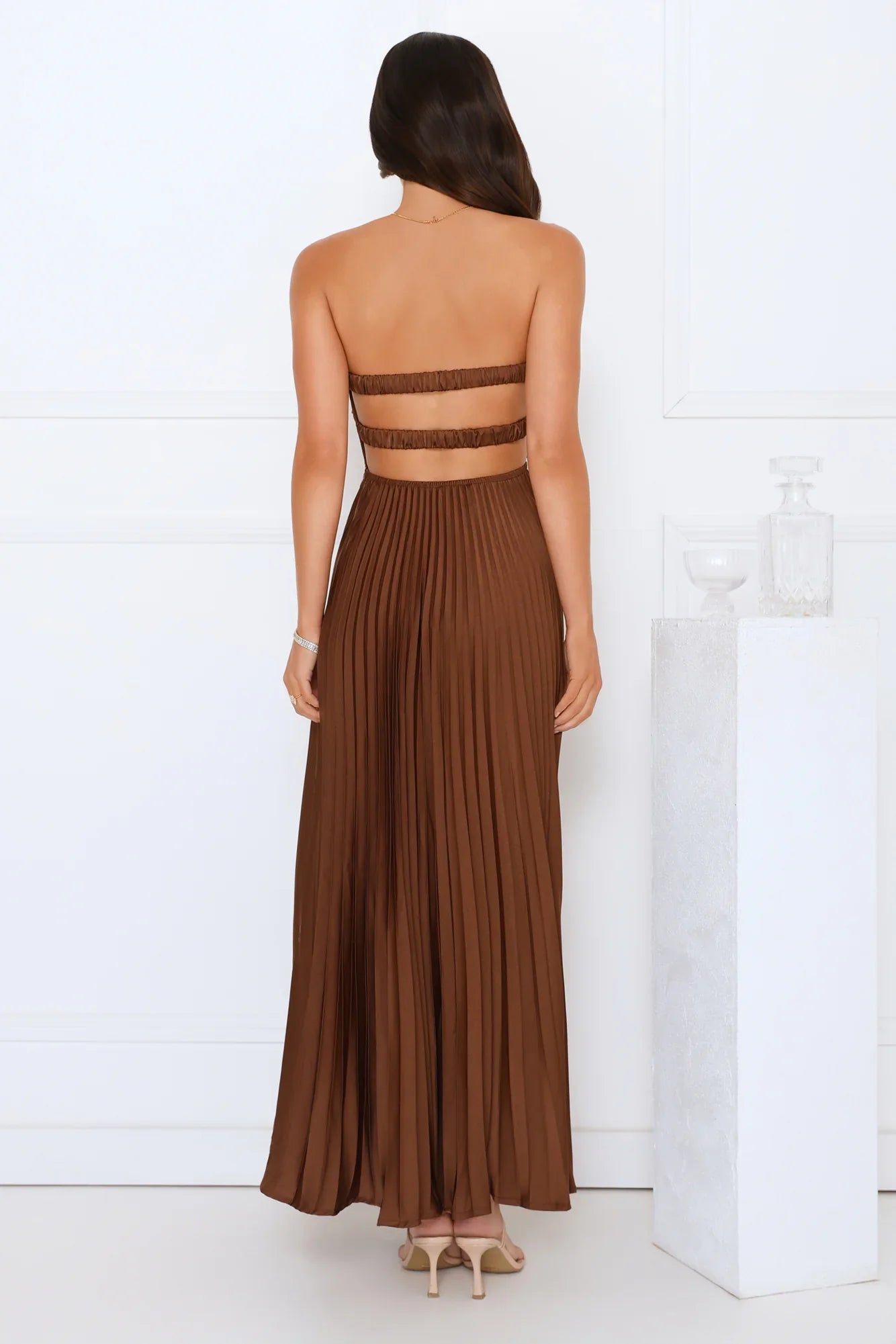 Vibes Are Priceless Strapless Satin Pleated Maxi Dress