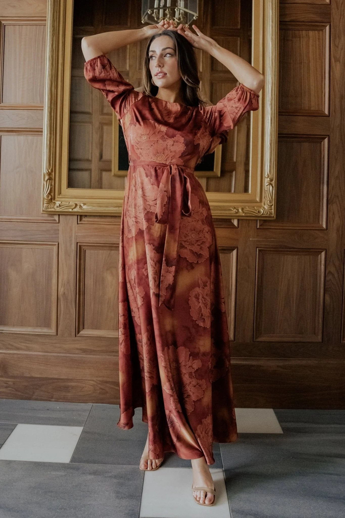 Paula Satin Maxi Dress | Terracotta Floral