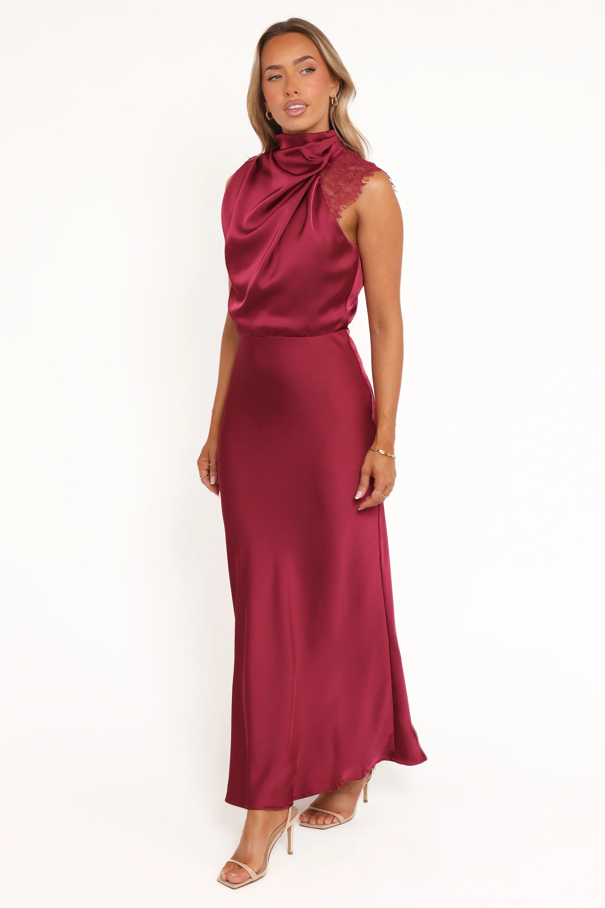 Anabelle Halter Neck Lace Maxi Dress - Berry