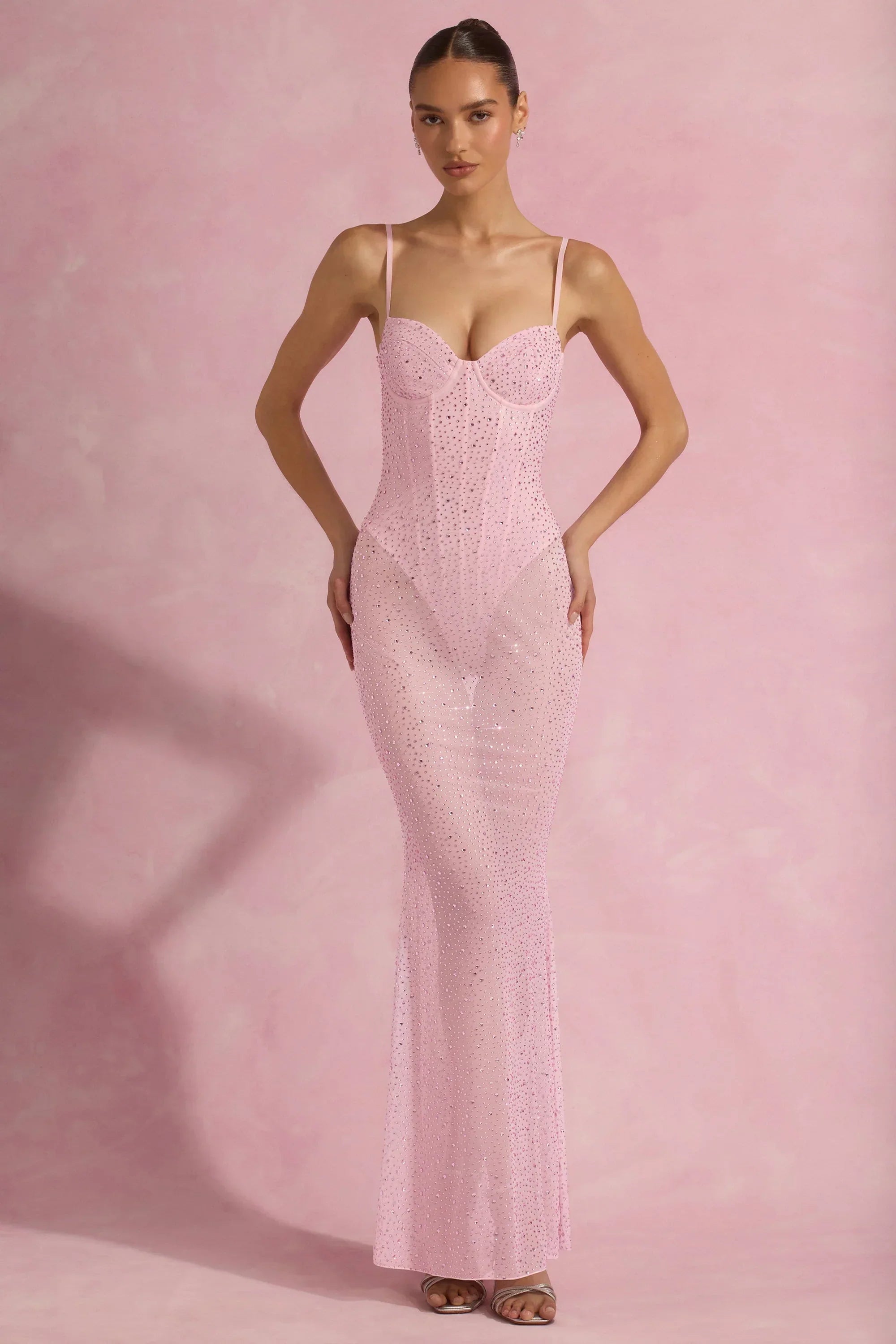 Semi-Sheer Embellished Corset Gown in Pink
