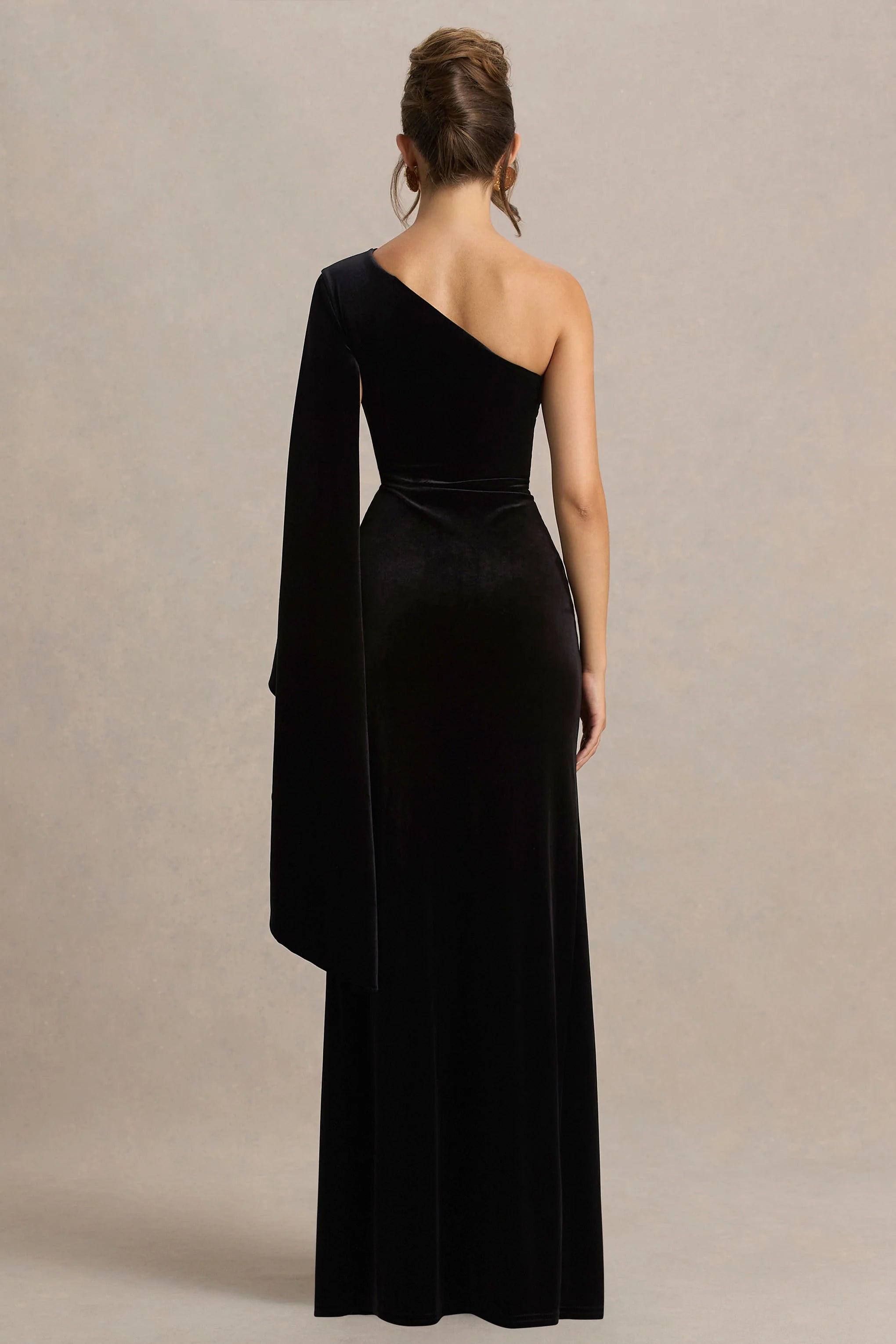 Camilla | Black Velvet Asymmetric-Neck Maxi Dress With Ruched Detailing