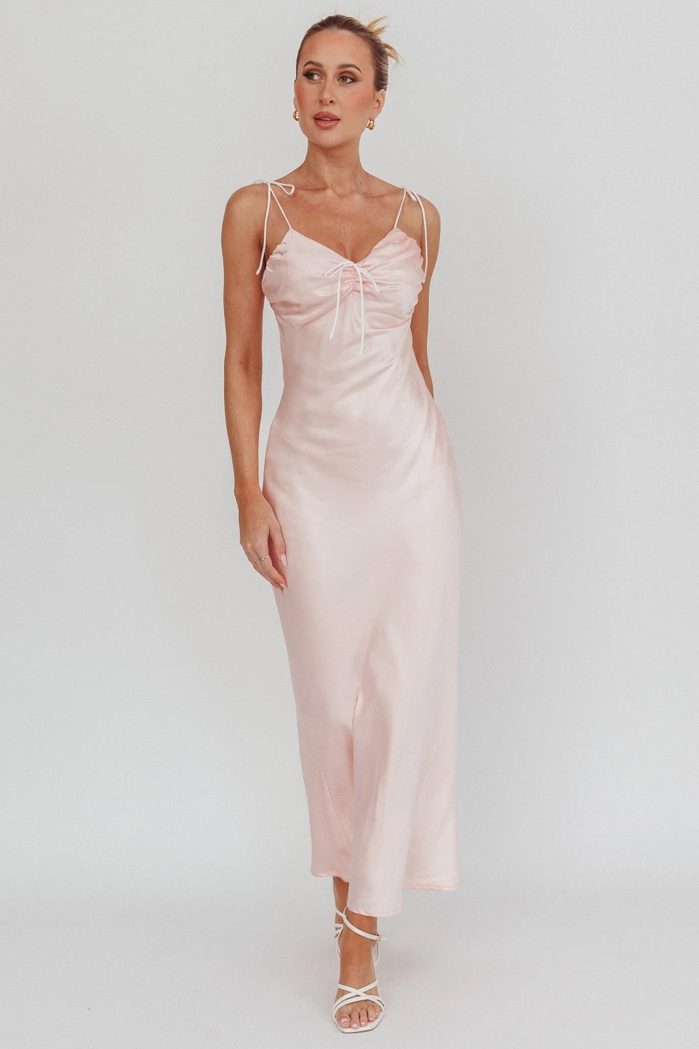 Slow Burn Tied Shoulders Satin Maxi Dress Pink