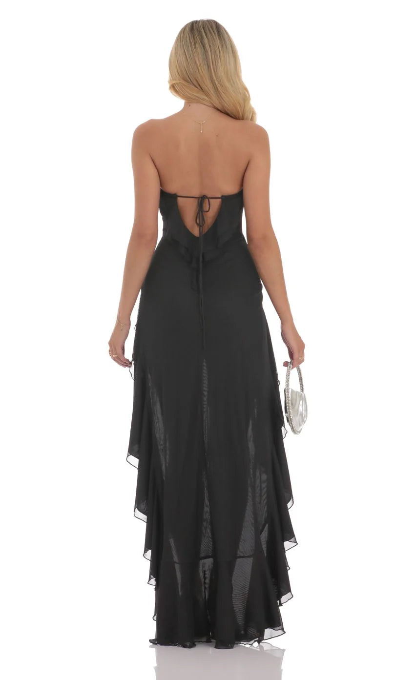 Strapless Mesh High Low Dress in Black