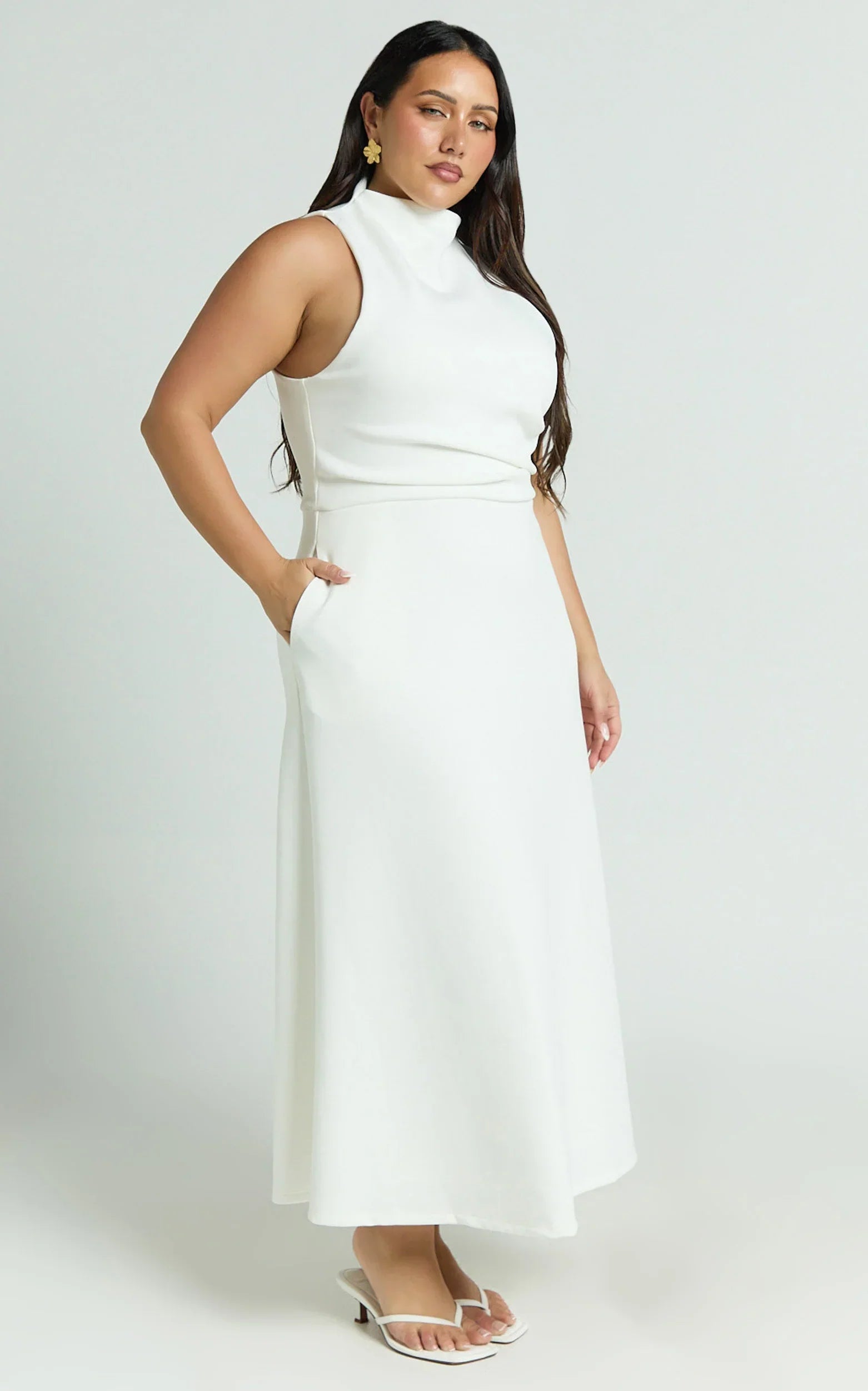 Macy Midi Dress High Neck A Line Dress in Off White