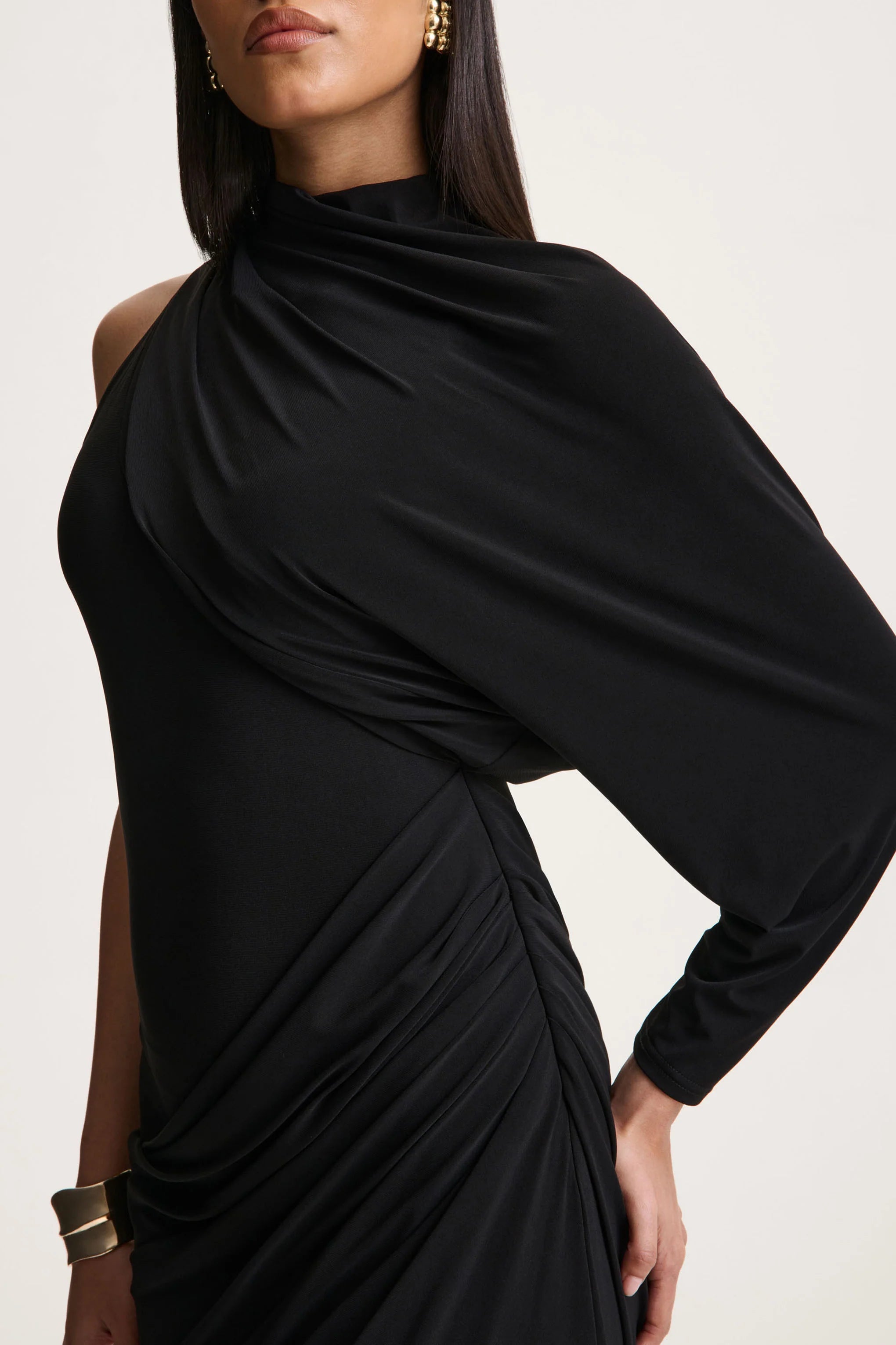 Aphra | Black High-Neck Maxi Dress With Cape-Sleeve