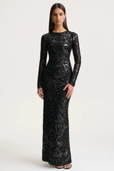 Stellar | Black Embellished Lace High-Neck Maxi Dress With Long Sleeves