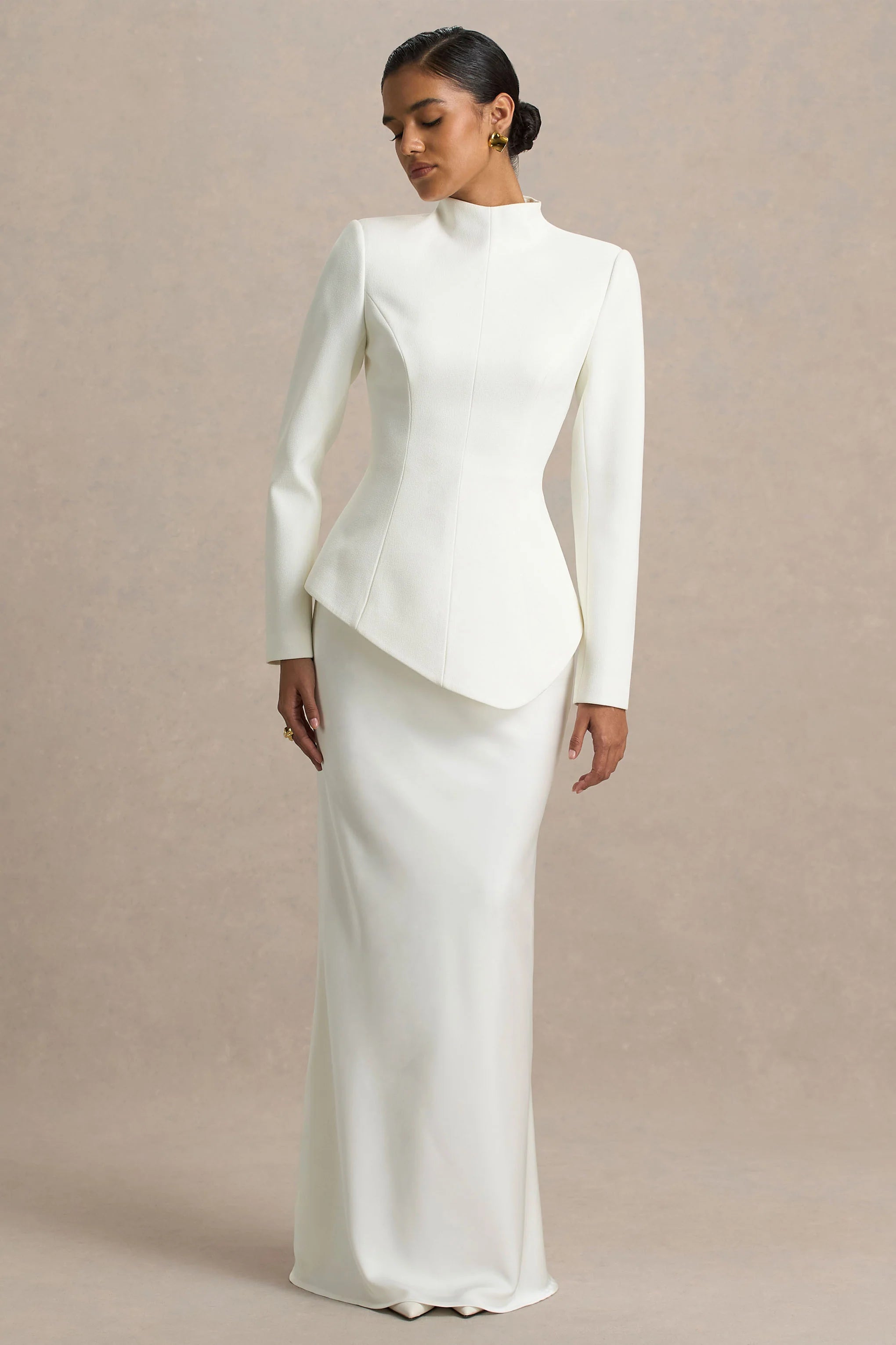 Pepita | Cream High-Neck Tailored Maxi Dress With Drop-Waist And Satin Skirt