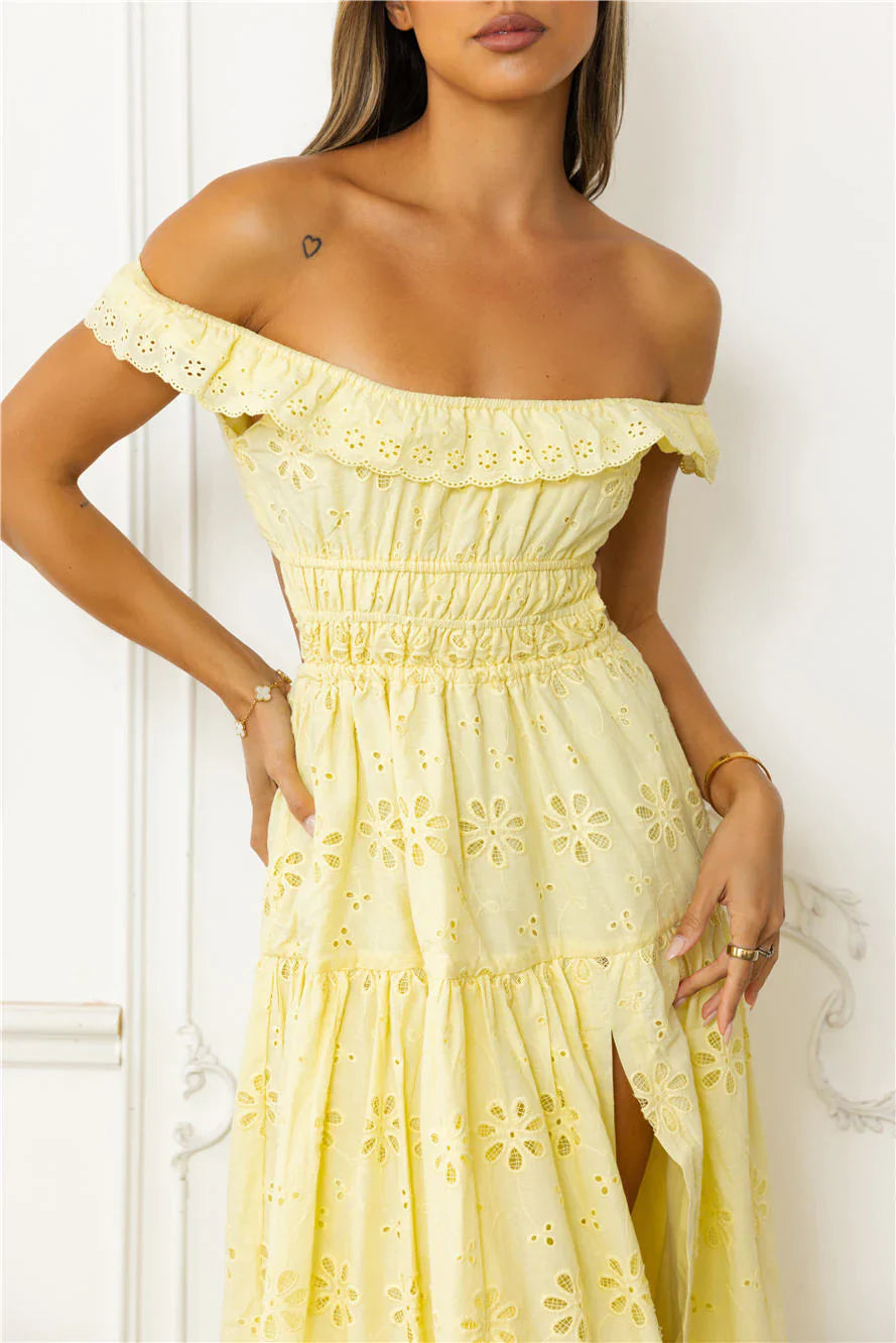 Secrets You Keep Off Shoulder Embroidered Maxi Dress