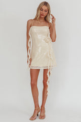 Standing Out Ruffle Rosette Trim Sequin Mini Dress Champagne