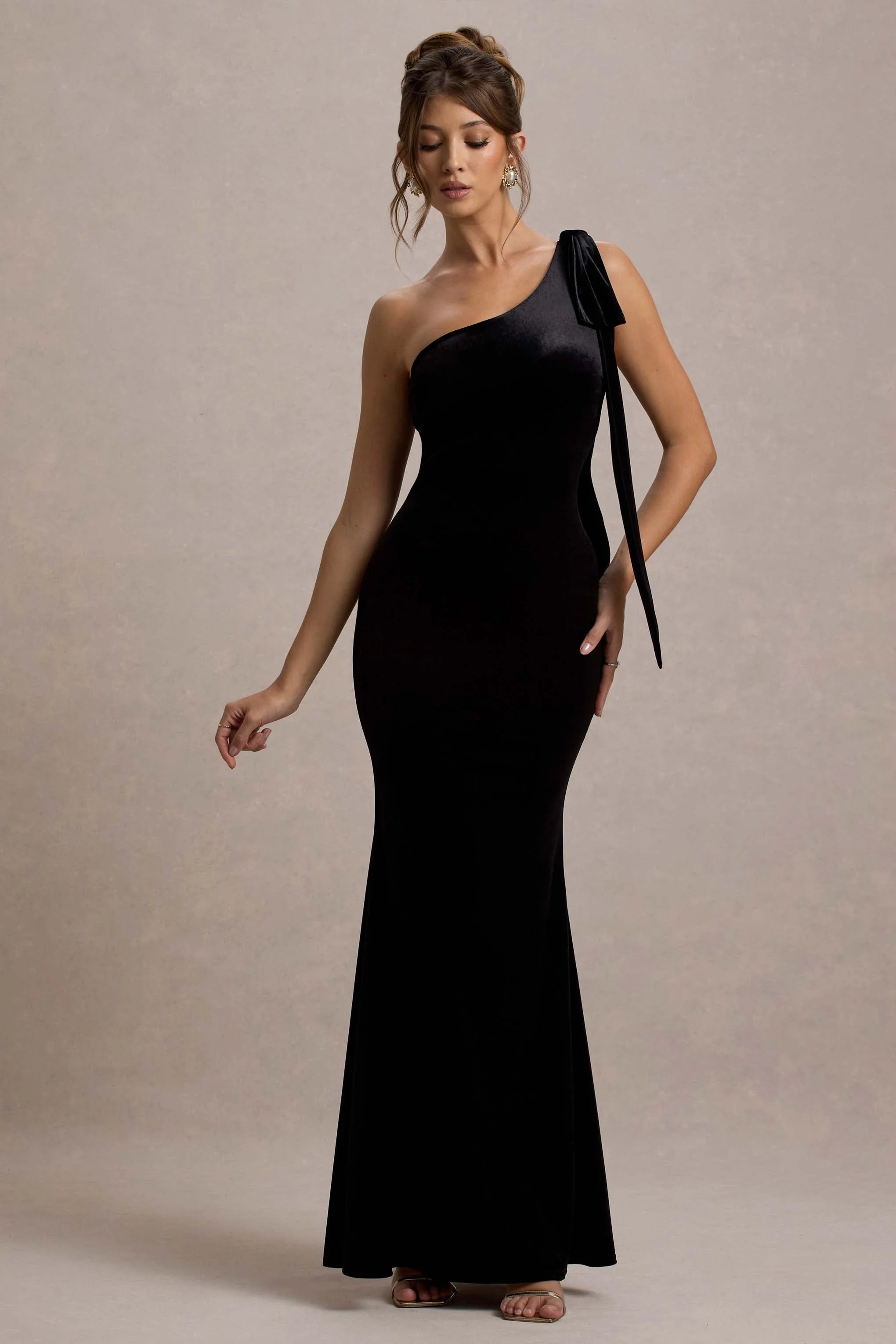 Jillian | Black Velvet Asymmetric Maxi Dress With Bow Strap