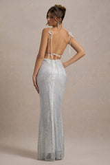 Quartz | Silver Embellished Square-Neck Open-Back Maxi Dress