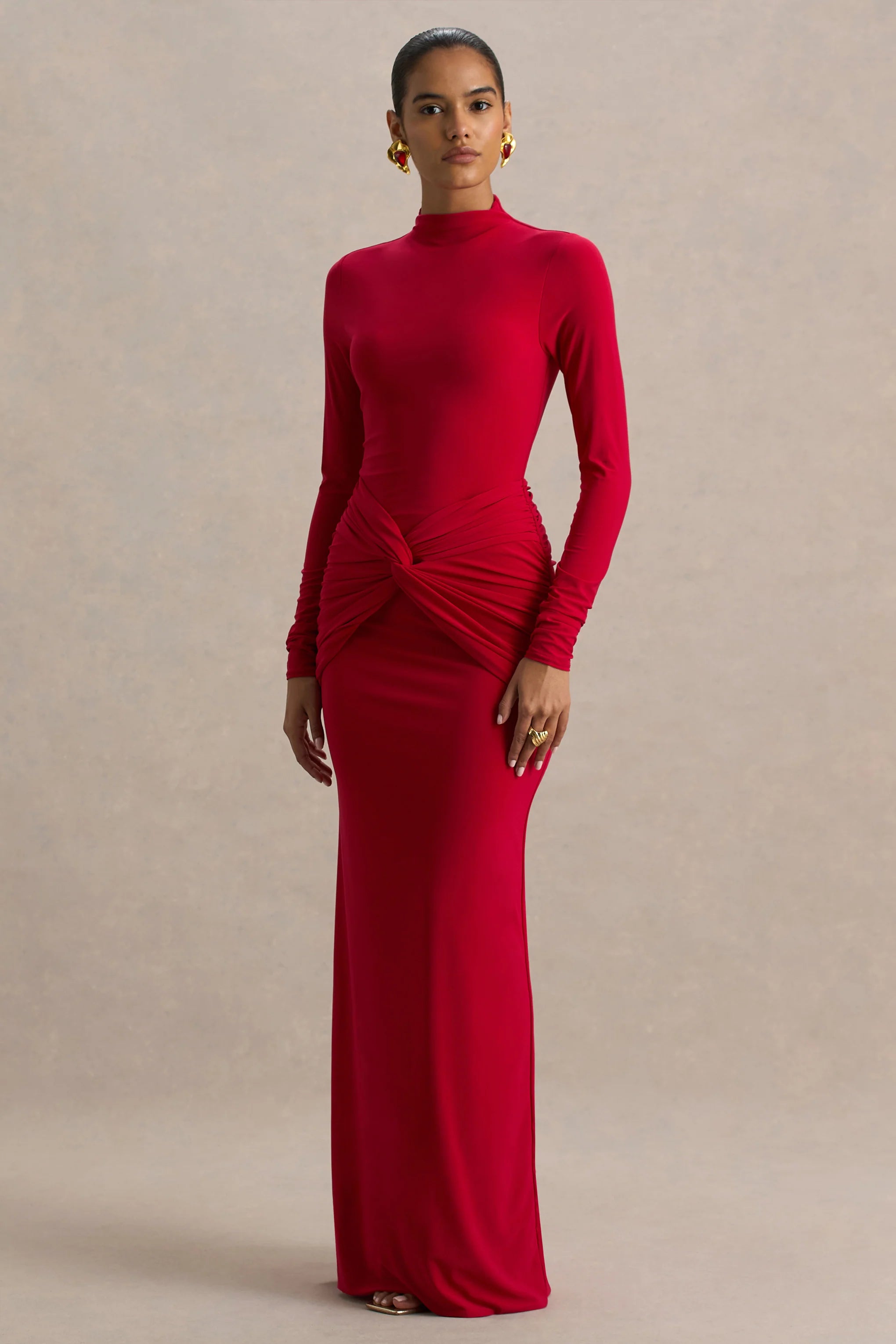 Alula | Red High-Neck Maxi Dress With Twist Detail