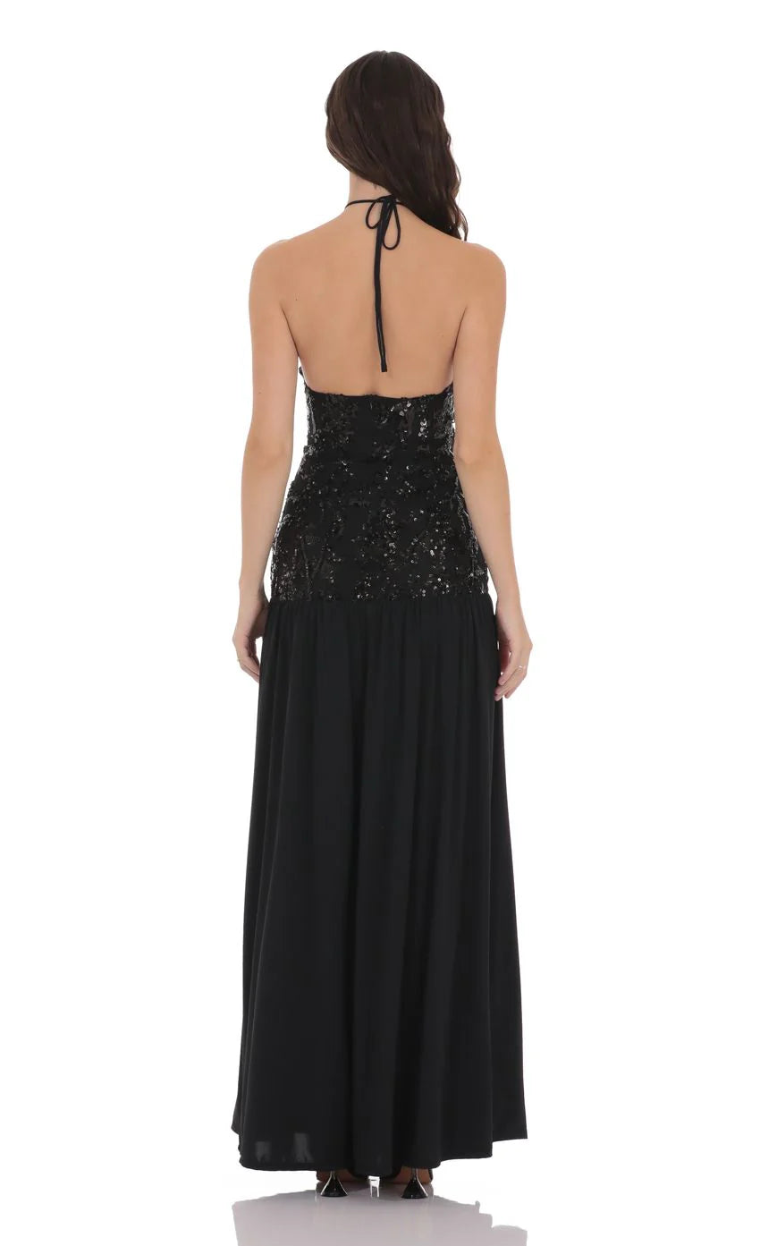 Drop Waist Sequin Maxi Dress in Black