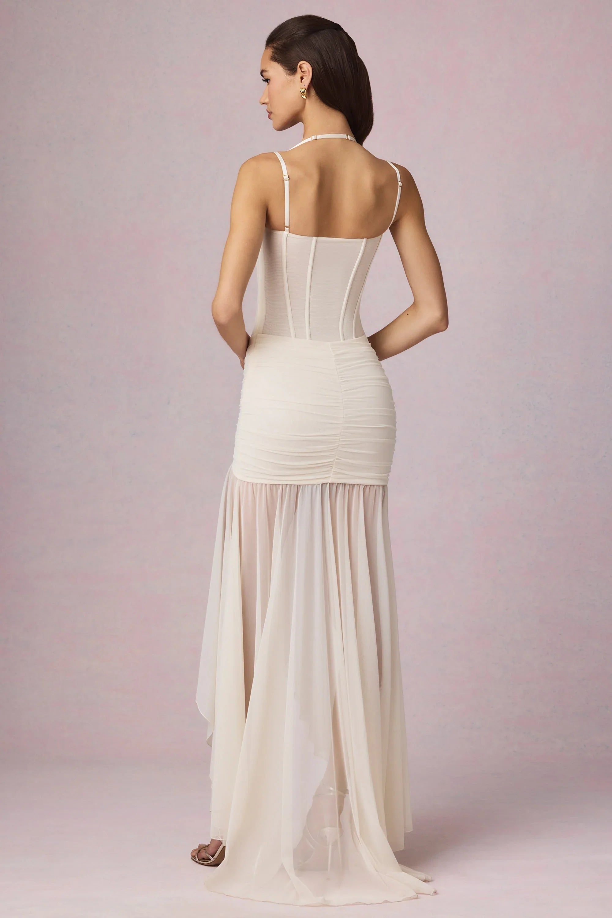 Ruched Asymmetric Corset Gown in Ivory